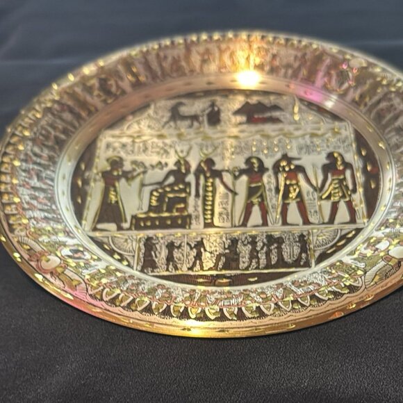 Egyptian Etched Art Solid Brass  & Copper Plate W/ Pharaoh Scene And Map - Picture 2 of 7